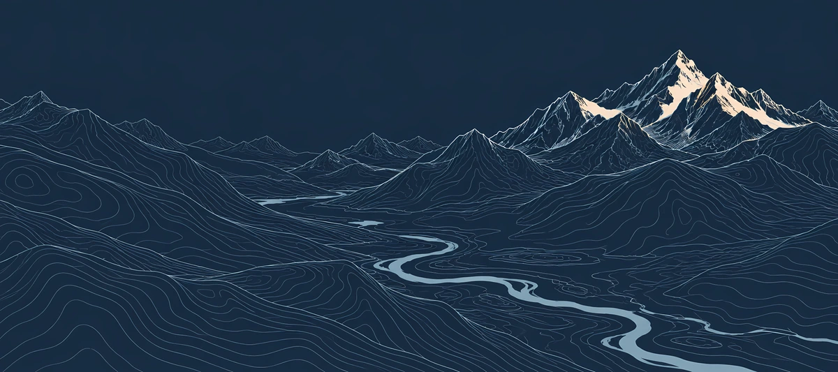 Pale contour lines describe a navy mountain valley with bright peaks and a winding river in perspective., 90x40cm desk mat preview