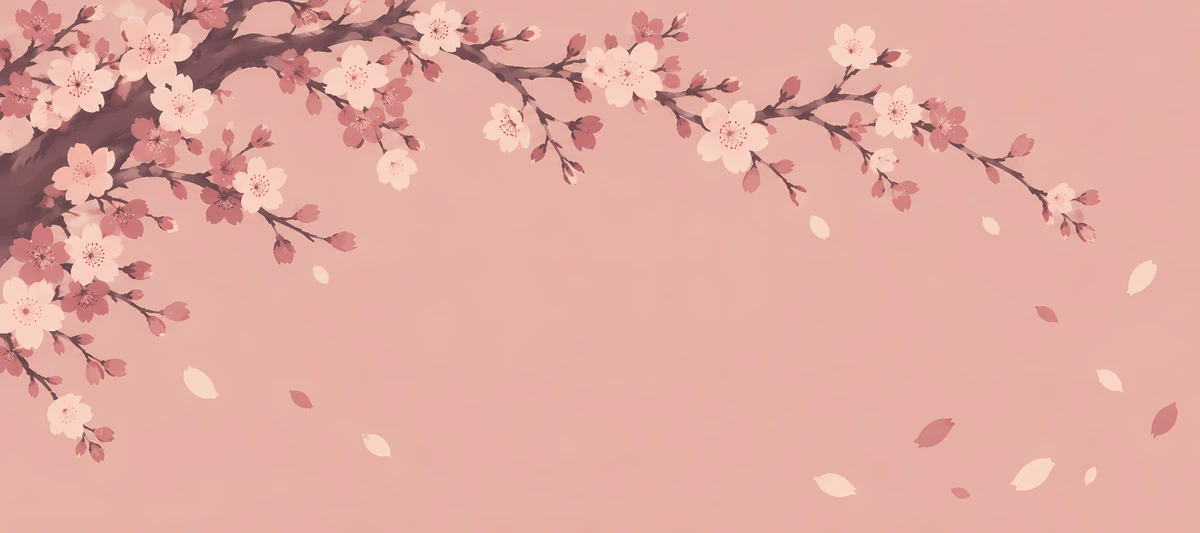Cream cherry blossoms on mauve branches arch over a blush pink background with scattered falling petals., 90x40cm desk mat preview