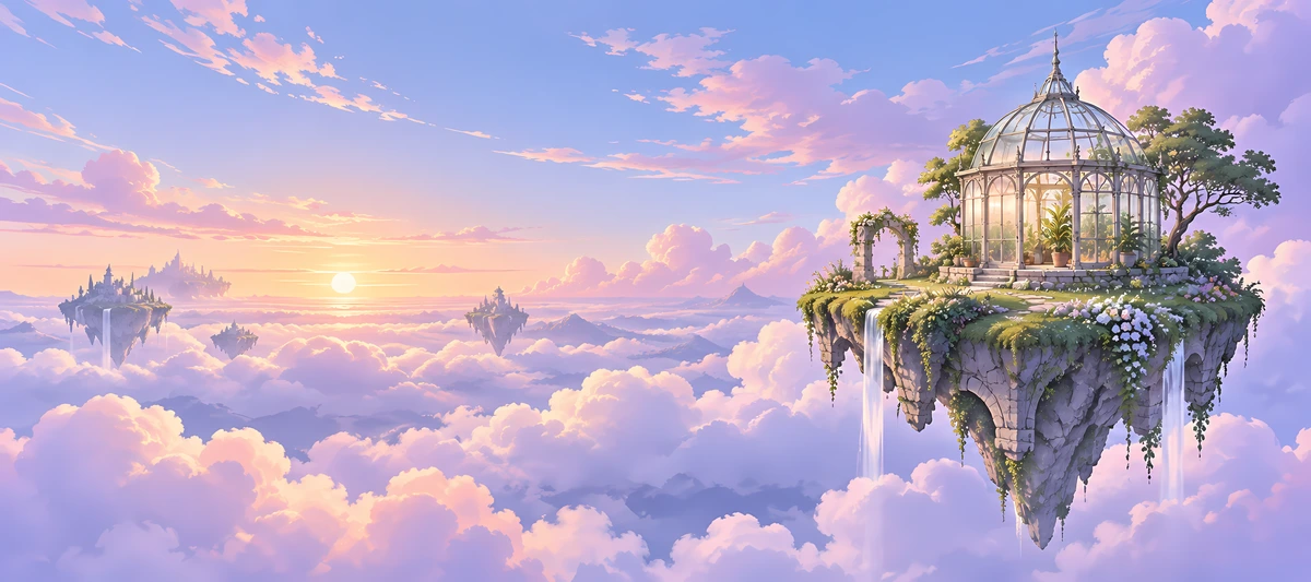 A domed glass conservatory stands on a floating garden island above pastel clouds at sunrise., 90x40cm desk mat preview