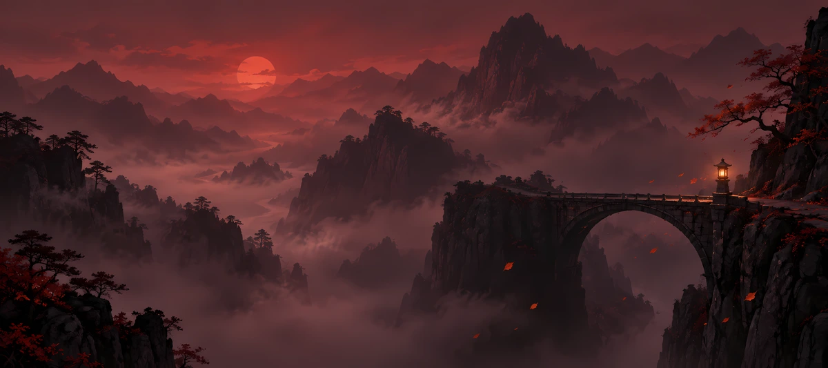 An arched stone bridge with an amber lantern spans a dark ravine beneath burgundy mountains and a red sun., 90x40cm desk mat preview