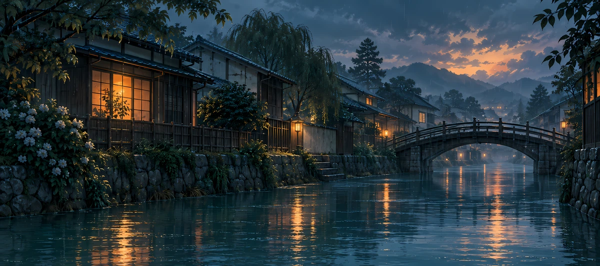 Warm windows reflect in a blue canal beside Japanese-inspired wooden buildings and an arched bridge at dusk., 90x40cm desk mat preview