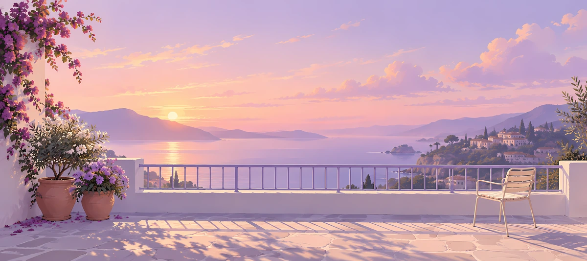 A flower-lined terrace with a chair overlooks a lilac sea and distant hills beneath a peach sunset., 90x40cm desk mat preview