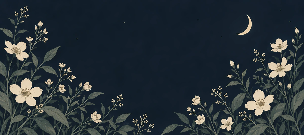 Cream flowers and muted green stems frame a midnight blue sky with a crescent moon at the upper right., 90x40cm desk mat preview