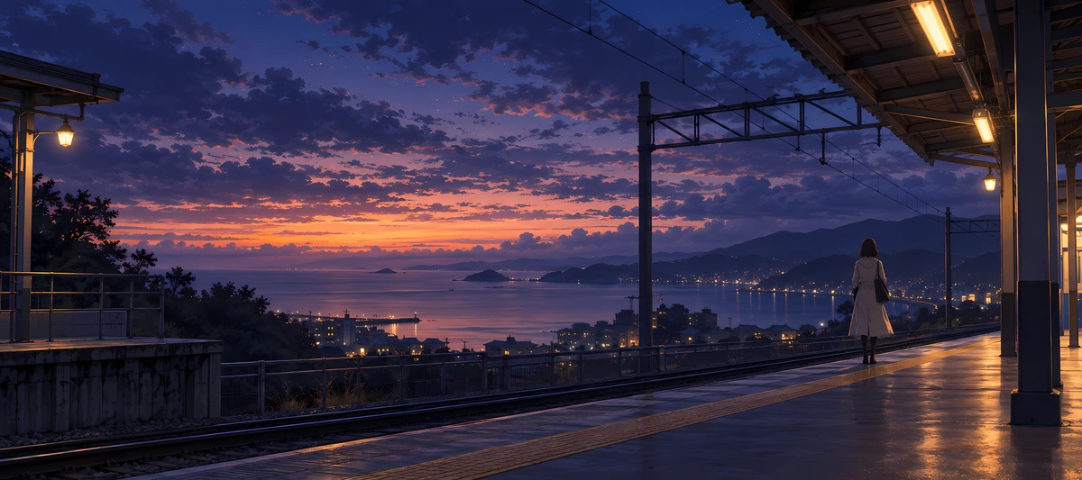 A lone traveler on a warmly lit railway platform overlooks a coastal town beneath a violet sunset sky., 90x40cm desk mat preview