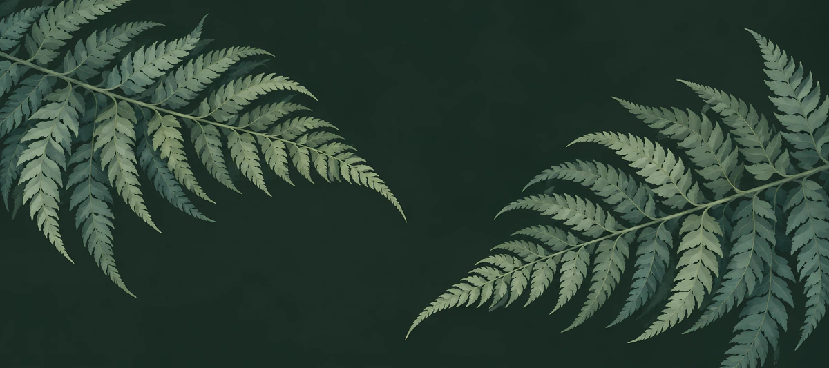 Two oversized sage fern fronds sweep inward from opposite edges over a deep forest green background., 90x40cm desk mat preview
