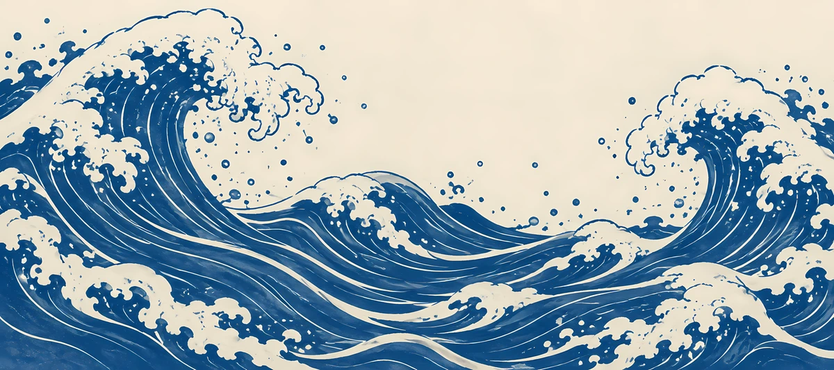 Curling cobalt blue waves with ivory foam frame an open cream sky in a wide ocean illustration., 90x40cm desk mat preview