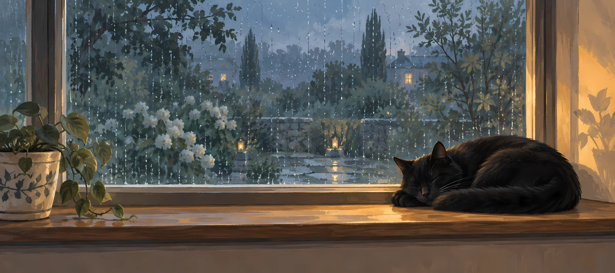 A dark cat sleeps on a wooden windowsill beside plants, overlooking a rainy blue-gray garden., 90x40cm desk mat preview