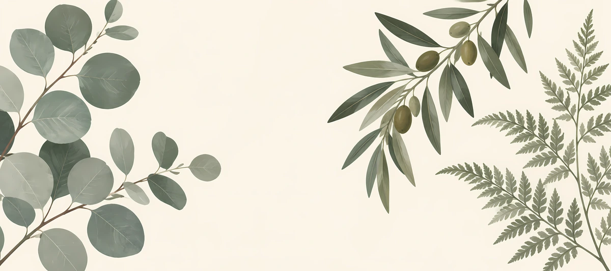 Rounded sage leaves on the left and an olive branch and fern on the right frame an open ivory center., 90x40cm desk mat preview