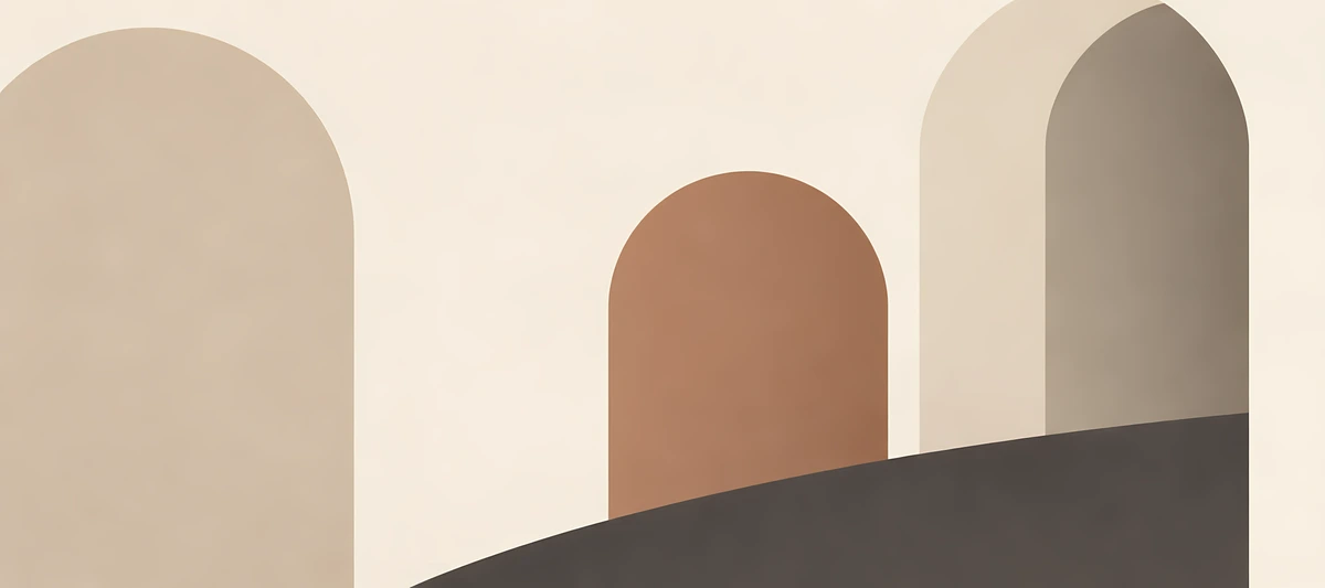 Three beige, terracotta and taupe arch shapes stand behind a dark diagonal foreground on cream., 90x40cm desk mat preview
