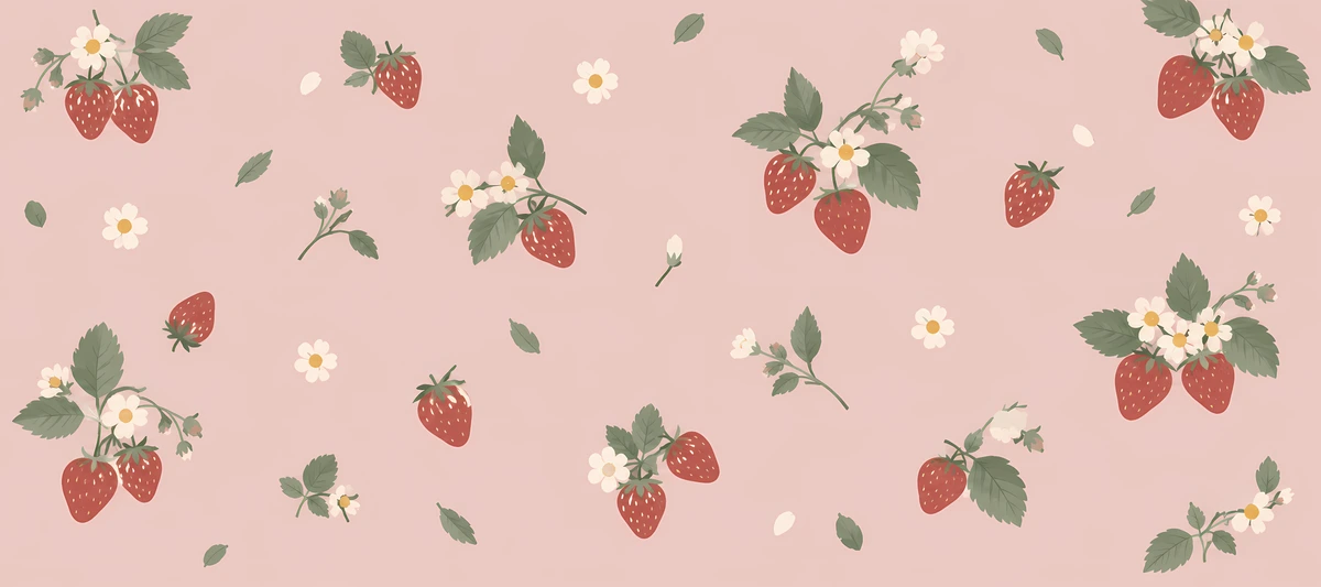 Red strawberries, small white flowers and sage green leaves are scattered across a dusty pink background., 90x40cm desk mat preview