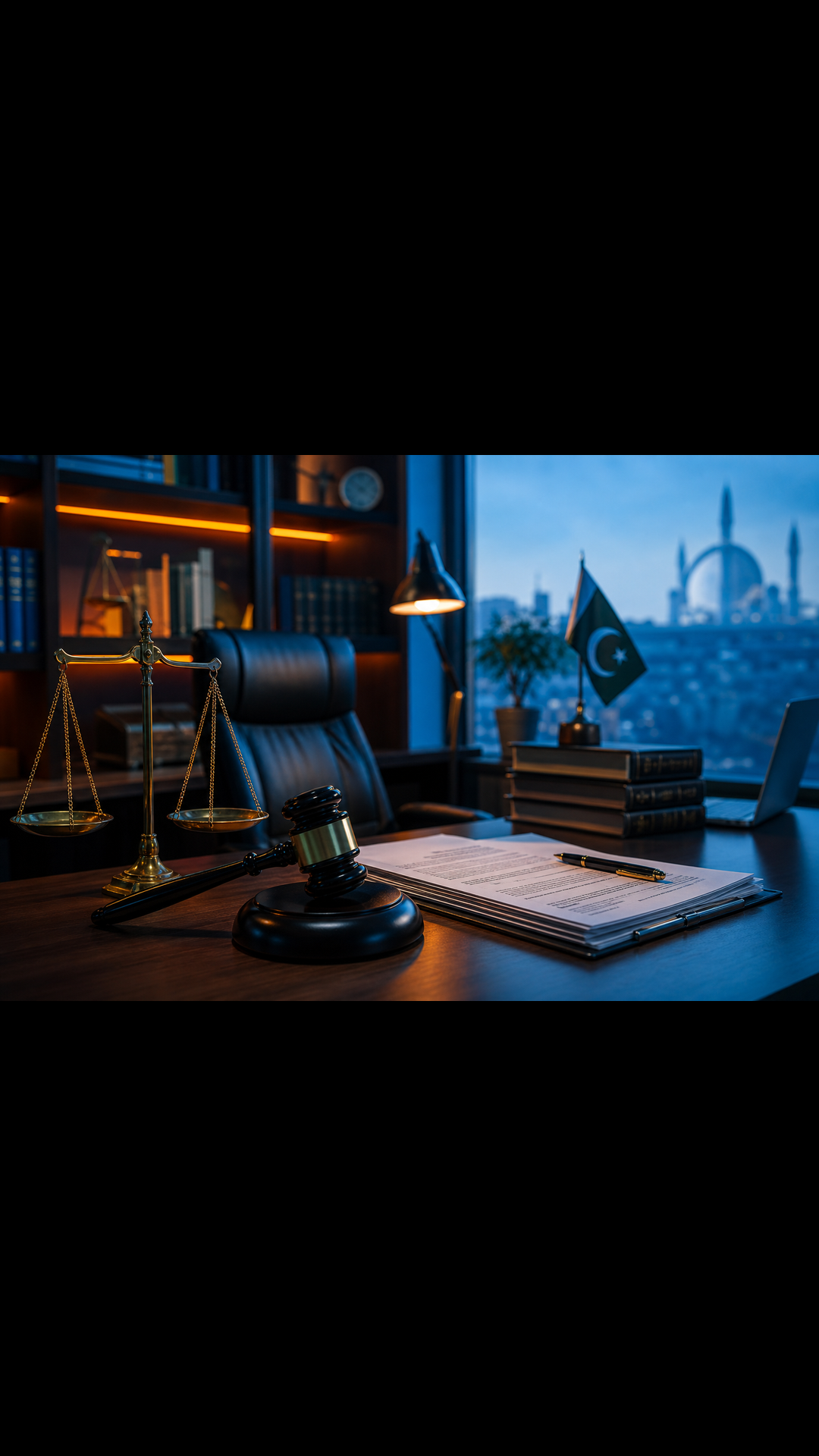 Scales of justice and legal documents representing property law in Pakistan