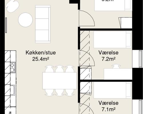 Tæt på midtbyen i Randers finder du denne stilrene lejlighed. Her får du et lyst og moderne køkken-alrum i åben forbindelse med stuen, et soveværelse, to gode værelser, badeværelse samt egen altan eller terrasse. Lejligheden findes også spejlvendt.