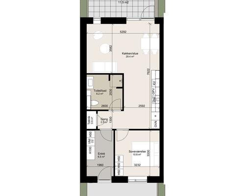 Skønt 2-værelses rækkehus med god plads i køkken-alrummet. Obs. Alle billeder og plantegninger er vejledende. Denne bolig er spejlvendt ift. plantegningen.