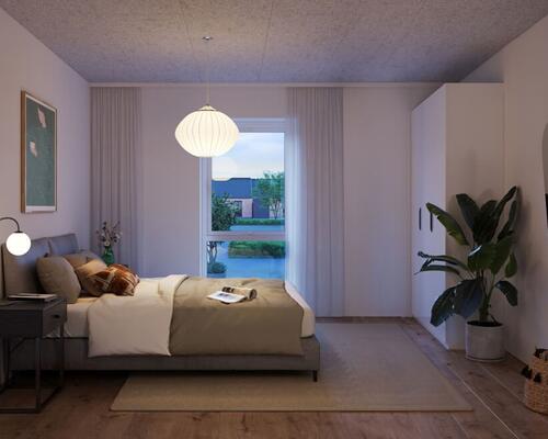 Hyggeligt 3-værelses rækkehus med gulvvarme og ventilationsanlæg. Obs. Alle billeder, visualiseringer og plantegninger er vejledende. Denne bolig er spejlvendt ift. plantegningen.