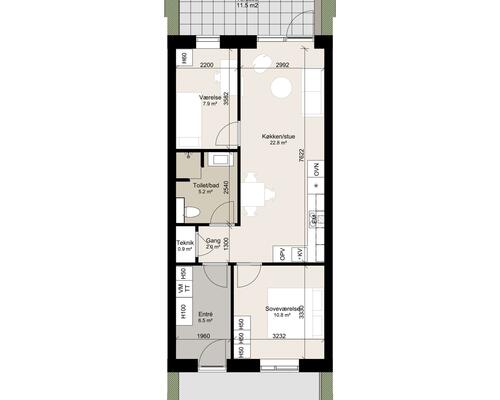 Velindrettet 3-værelses rækkehus til den lille familie. Obs. Alle billeder og plantegninger er vejledende. Denne bolig er spejlvendt ift. plantegningen.