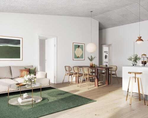 4-værelses rækkehus til leje med god plads i køkken-alrummet. Denne bolig har hævet loft. Obs. alle billeder og plantegninger er vejledende.