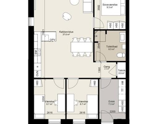 4-værelses rækkehus til leje med god plads i køkken-alrummet. Denne bolig har hævet loft. Obs. alle billeder og plantegninger er vejledende.