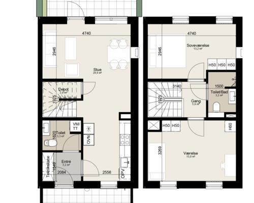 Stort 3-værelses rækkehus i 2-plan. Obs. alle billeder, plantegninger og visualiseringer er vejledende.