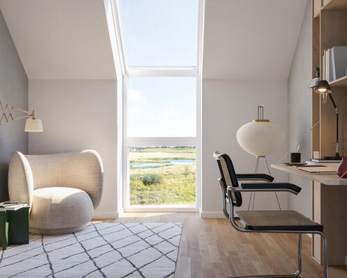 Nyopført enderækkehus med udsigt til grønt område med lille sø og tæt på Aarhus