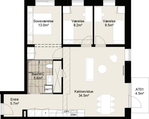 Velindrettet fireværelses lejlighed med et stort køkken-alrum og stue i ét, tre gode værelser, badeværelse, entré og egen altan/terrasse. Til boligen hører eget skur.