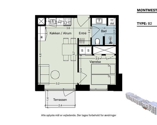 2 værelses lejlighed med egen terasse