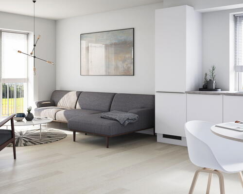 Lys 2-vær. på 54 m2 i gavlen. Moderne boliger i Tækkerhusene, Hillerød: Elevator og privat altan. Perfekt beliggenhed ved både natur og by liv