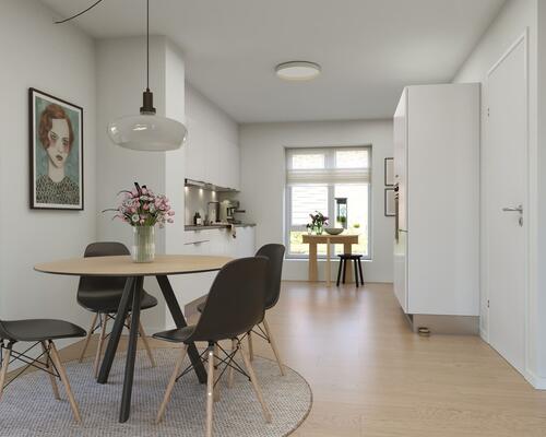 Dejligt 4-værelses rækkehus i 2-plan. Værelserne er placeret på 1. sal. Obs. alle billeder, plantegninger og visualiseringer er vejledende. Denne bolig er spejlvendt ift. plantegningen.