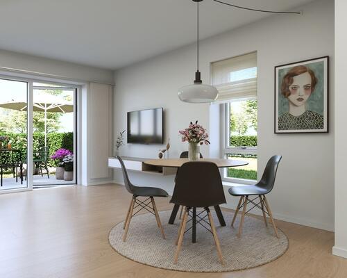 Dejligt 4-værelses rækkehus i 2-plan. Værelserne er placeret på 1. sal. Obs. alle billeder, plantegninger og visualiseringer er vejledende. Denne bolig er spejlvendt ift. plantegningen.