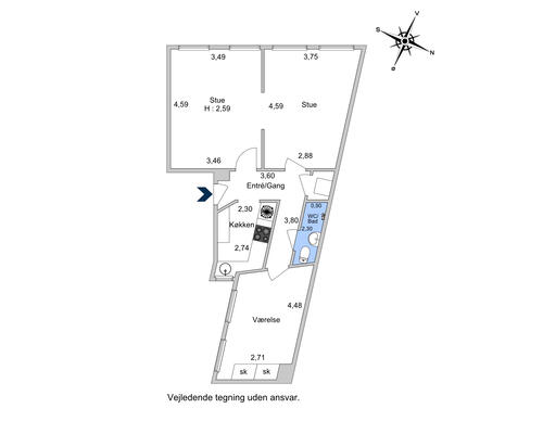 3 værelses lejlighed i København K