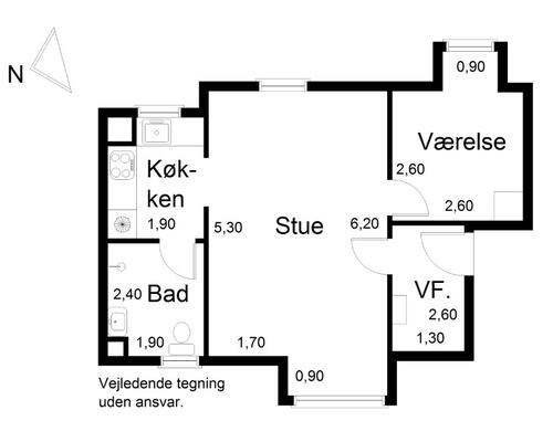 Lys 2-værelses på 61 m2 i tagetagen med skråvægge, separat køkken og rummeligt bad