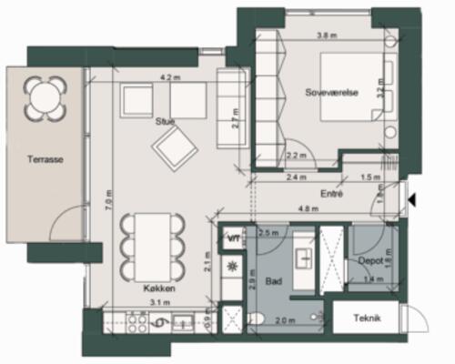 Lækker 2-værelses lejlighed i skønne omgivelser