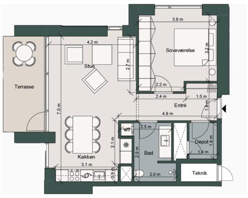 Lækker 2-værelses lejlighed i skønne omgivelser