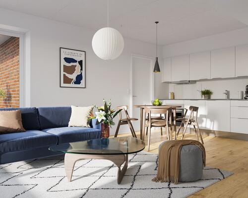 Lys og rummelig toværelses lejlighed med alt i hårde hvidevarer. Lejligheden er ideel til både par, singler og seniorer. Til boligen hører eget skur.