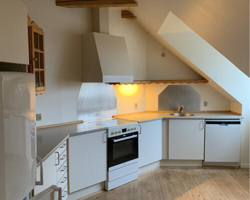 Charmerede lejlighed med fritliggende hanebånd og afhøvlede gulve.  