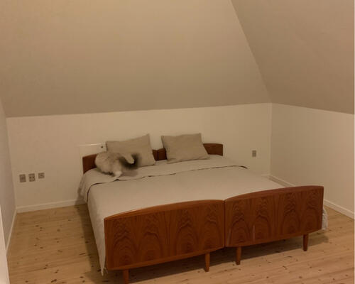 Charmerede lejlighed med fritliggende hanebånd og afhøvlede gulve.  