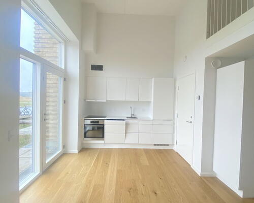 Lys lejlighed med egen terrasse, beliggende ved fjord og natur