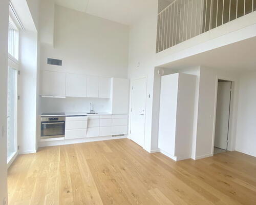 Lys lejlighed med egen terrasse, beliggende ved fjord og natur