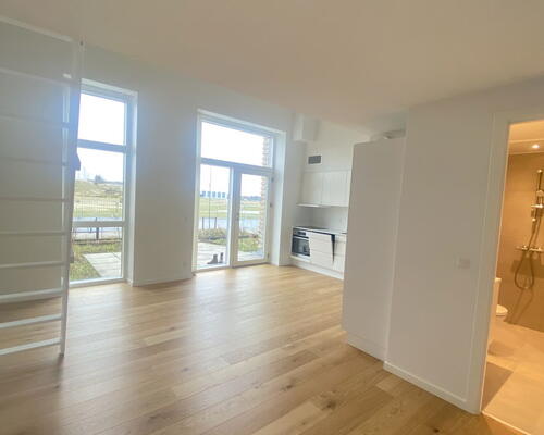 Lys lejlighed med egen terrasse, beliggende ved fjord og natur