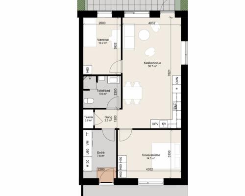 Rummeligt 3-værelses rækkehus. Obs. alle billeder, plantegninger og visualiseringer er vejledende. Denne bolig er spejlvendt ift. plantegningen.