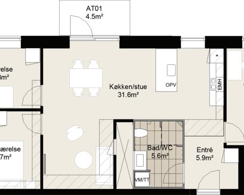 Stor og rummelig fireværelses lejlighed med plads til hele familien. Her indbyder det store alrum til samvær, mens værelsernes placering skaber ro og mulighed for privatliv. Til boligen hører eget skur.