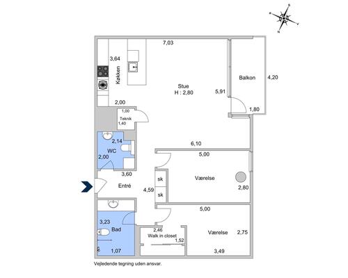 3 værelses lejlighed i København K