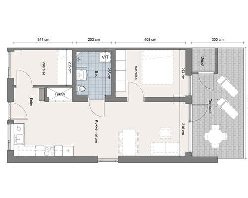 Skøn 3 værelses bolig med egen terrasse og depotrum. Godt fællesskab og b.la. fælles køkken og gæstelejlighed