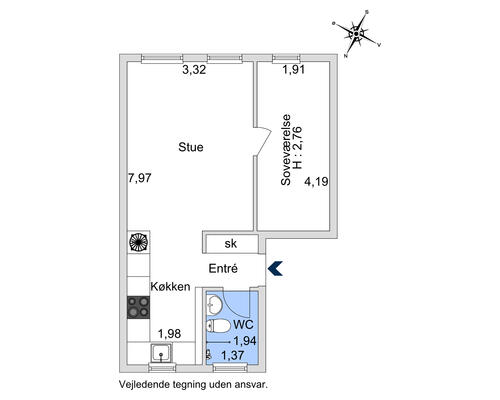 2 værelses lejlighed i København K