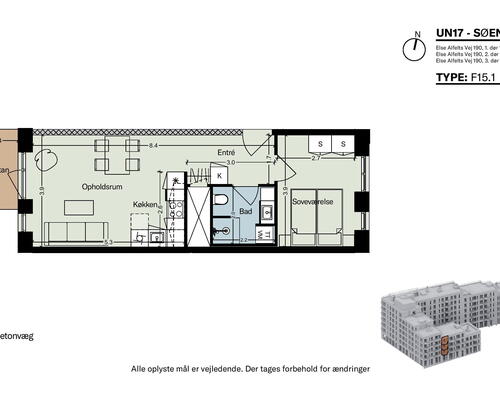 UN17 Søen - Velindrettet 2 vær. lejebolig med altan og udsigt til Søen og Fælleden