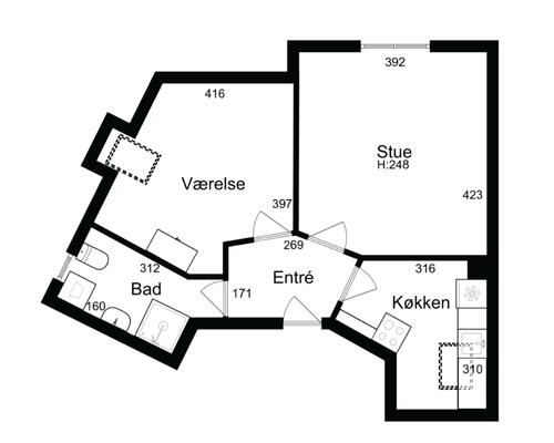 Charmerende 2-værelses (50 m2) med tagvinduer, egen vaskemaskine og central beliggenhed tæt på transport og indkøb.