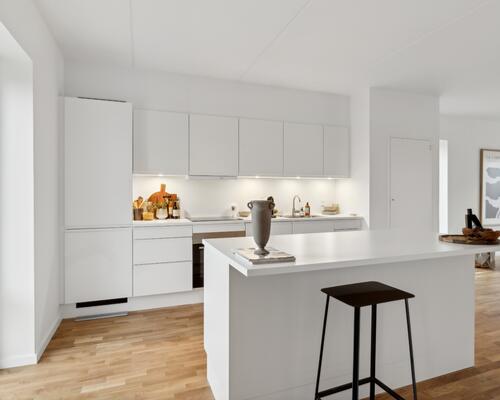 Moderne rækkehus med træterrasse og have