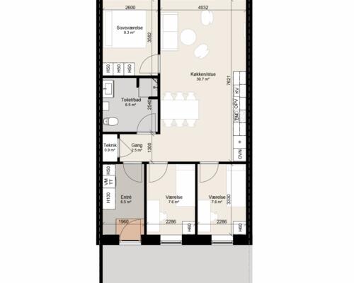 Rummeligt 4-værelses rækkehus med gode værelser. Obs. alle billeder, plantegninger og visualiseringer er vejledende. Denne bolig er spejlvendt ift. plantegningen.