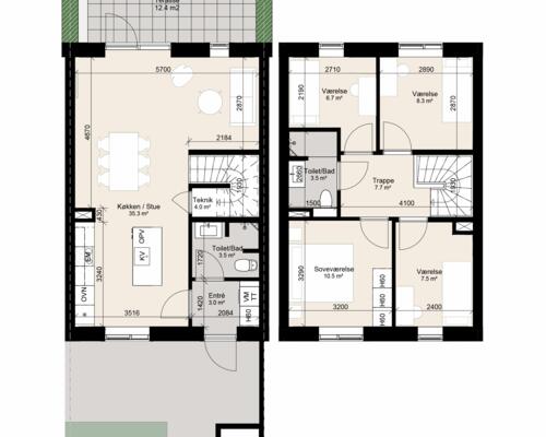 Stort 5-værelses rækkehus med plads til hele familien. Obs. alle billeder, plantegninger og visualiseringer er vejledende.