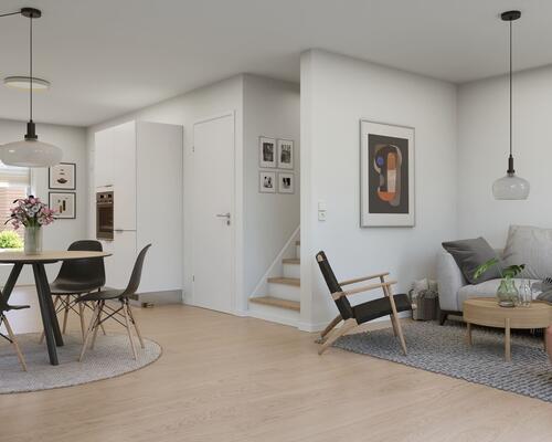 Dejligt 4-værelses rækkehus i 2-plan. Værelserne er placeret på 1. sal. Obs. alle billeder, plantegninger og visualiseringer er vejledende. Denne bolig er spejlvendt ift. plantegningen.