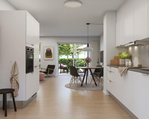 Dejligt 4-værelses rækkehus i 2-plan. Værelserne er placeret på 1. sal. Obs. alle billeder, plantegninger og visualiseringer er vejledende. Denne bolig er spejlvendt ift. plantegningen.